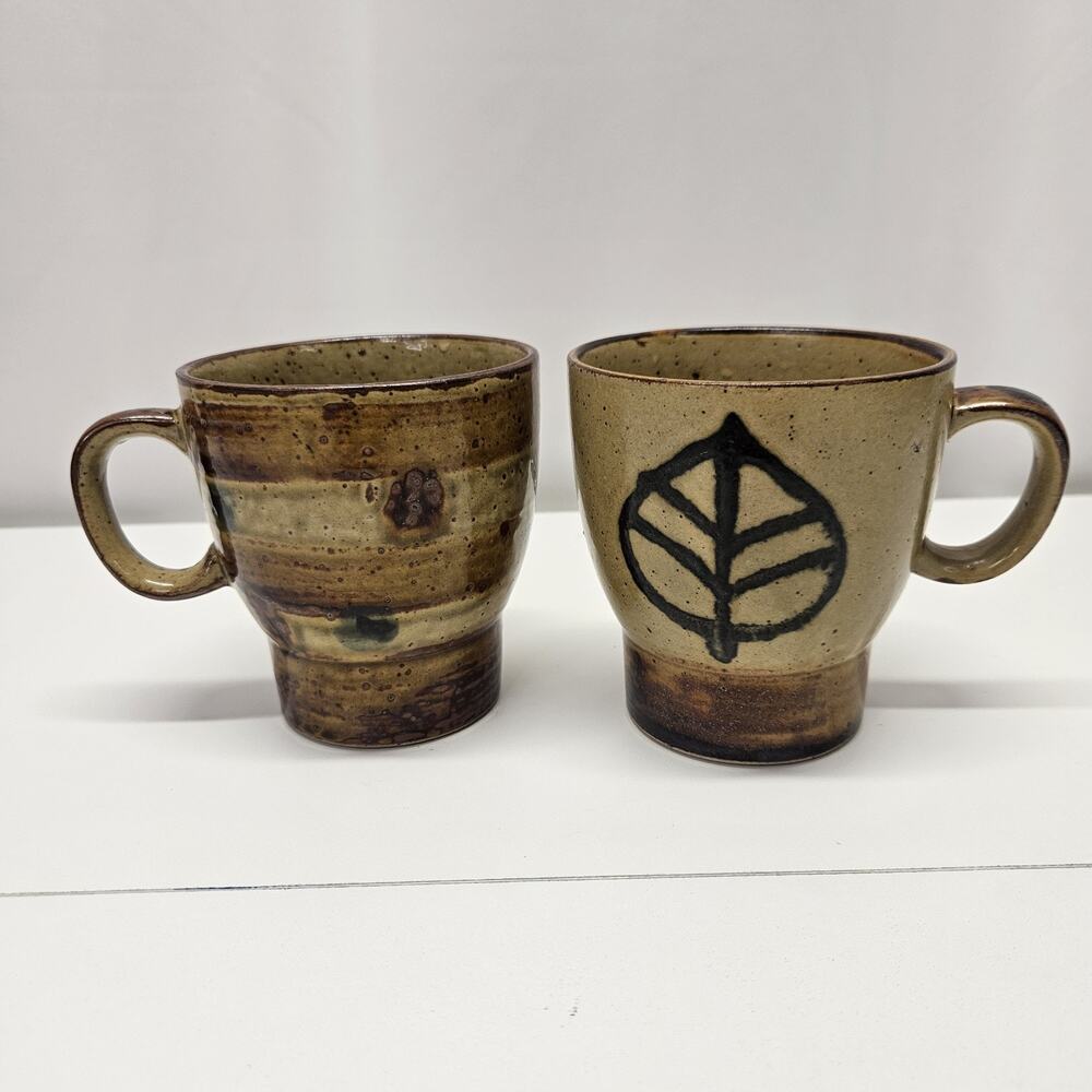 Vintage Japanese Pottery Stoneware Mug Set Of 2 Mid-Century Coffee Mug Cups